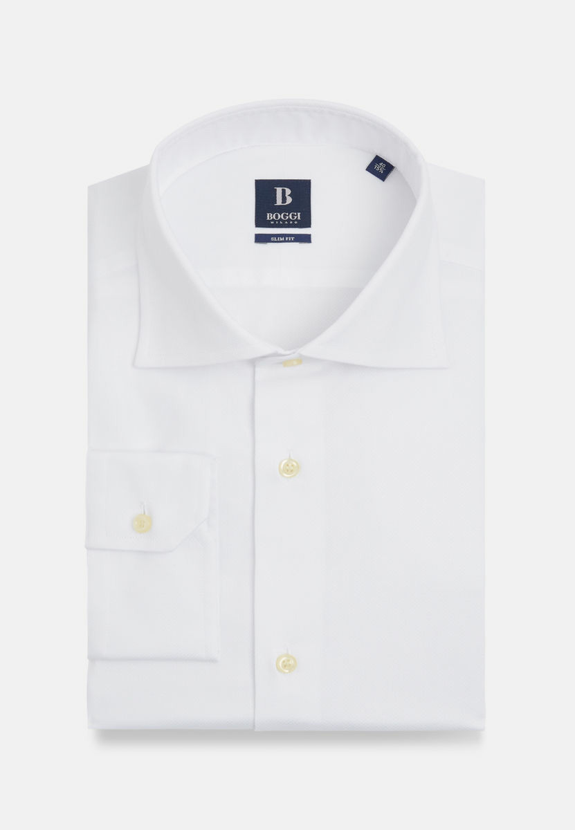 Dress Shirt Dobby White In Cotton Slim Fit