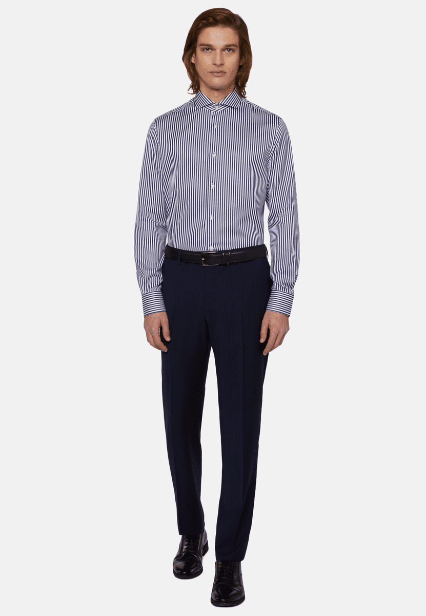 Chemise À Rayures Bleues En Sergé De Coton Slim Fit