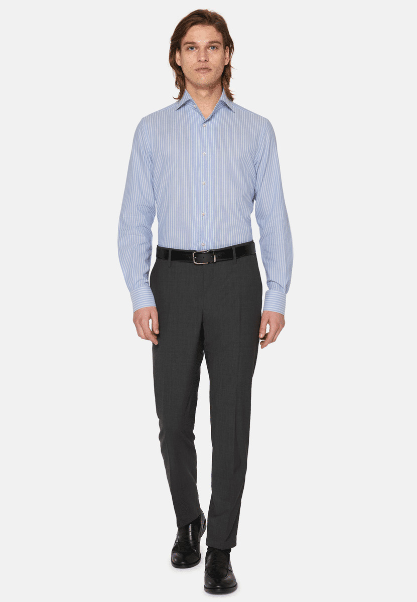 Chemise Bleue À Rayures En Coton Dobby Coupe Droite