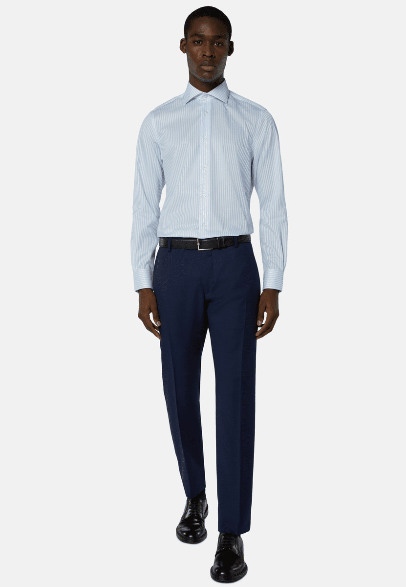 Chemise À Rayures Bleu Ciel En Coton Dobby Slim Fit