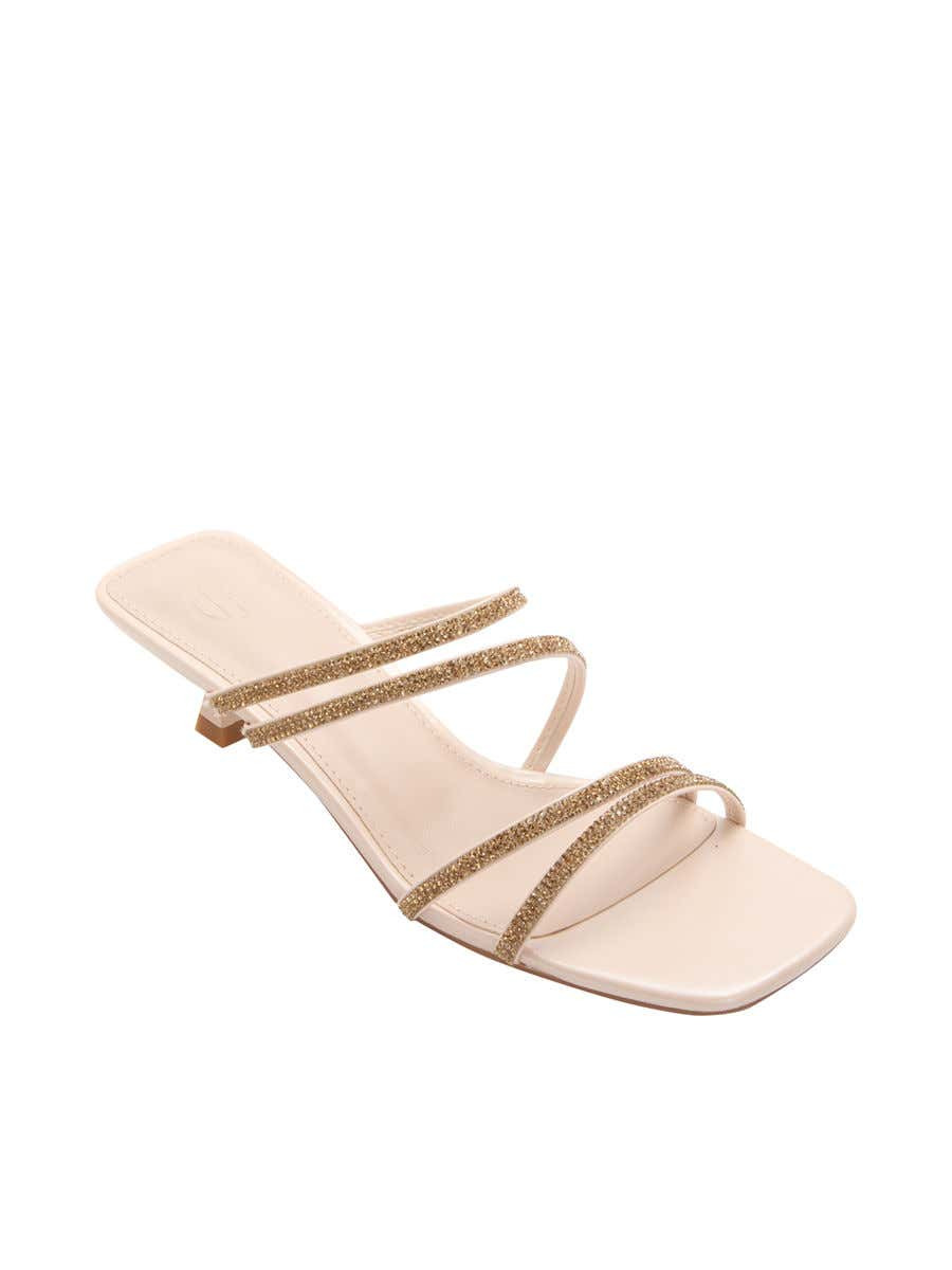 รองเท้าส้นสูงผู้หญิงประดับสายคาดกากเพชร สีเบจ