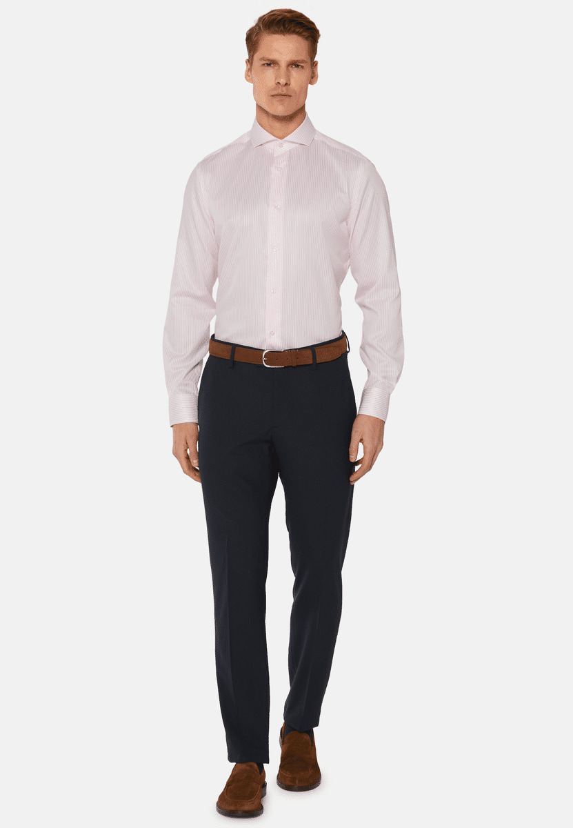 Chemise Rose À Rayures En Sergé De Coton Slim Fit