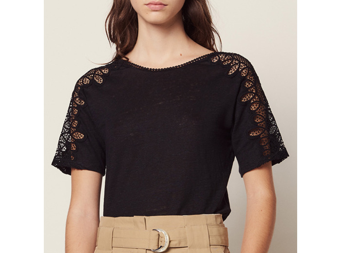 T-shirt en lin avec galons de dentelle