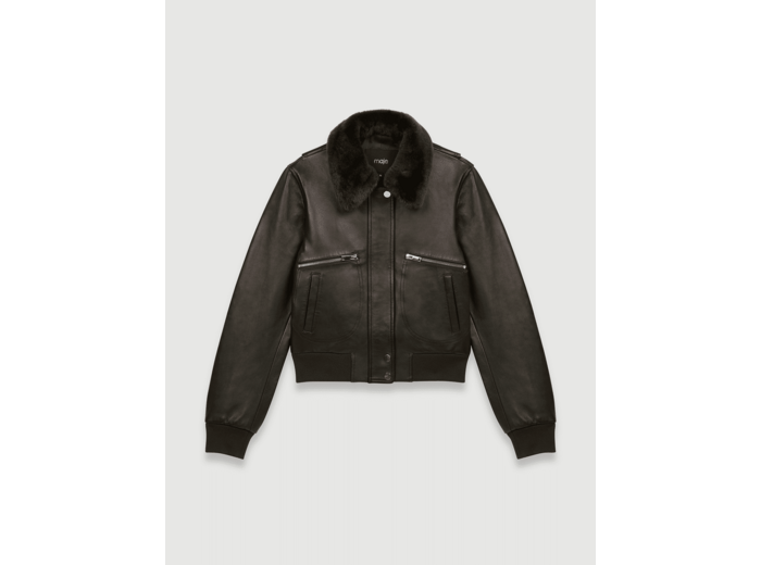 Blouson en cuir à col en fourrure