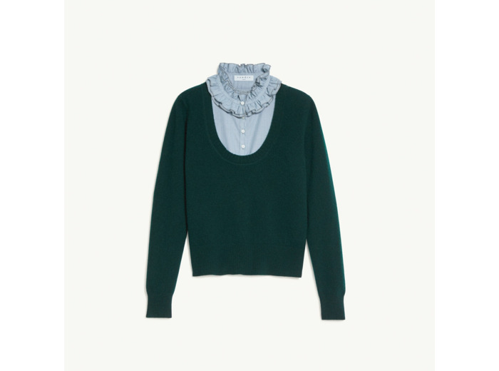 Pull trompe l'œil au col volanté