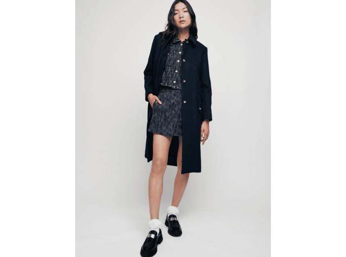 Manteau long ceinturé en drap de laine