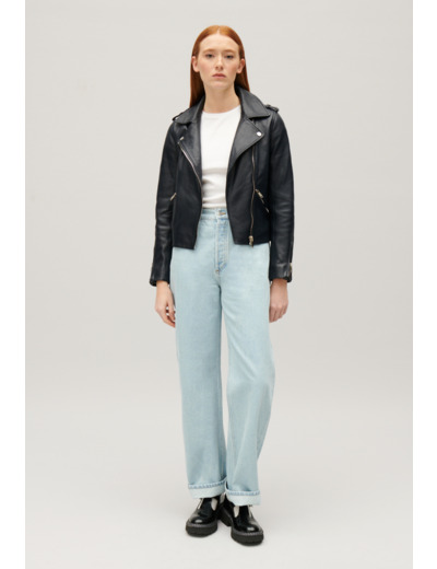 Veste en cuir lisse bleu marine