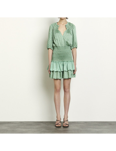 Robe courte en mix d'imprimés smockés