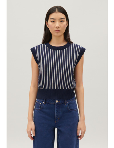 Pull sans manches maille rayée