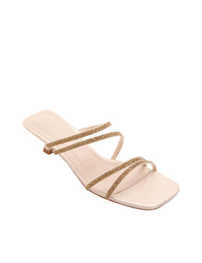 รองเท้าส้นสูงผู้หญิงประดับสายคาดกากเพชร สีเบจ