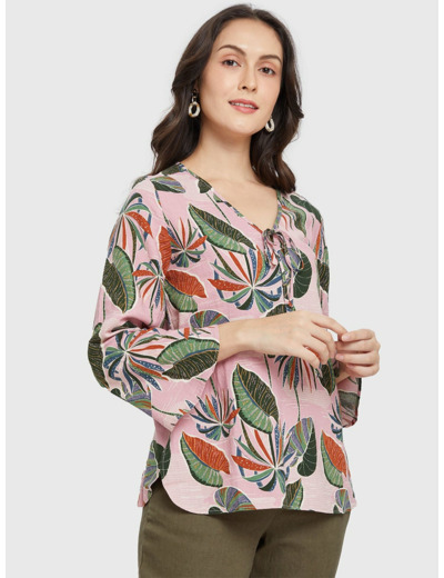 เสื้อเบลาส์ผู้หญิงแขนยาว พิมพ์ลายกราฟิก