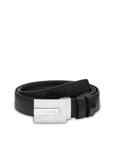 Plaque - Ceinture Plaque Lancel free size cuir façon croco, finition argentée, lanière 30 mm - Noir