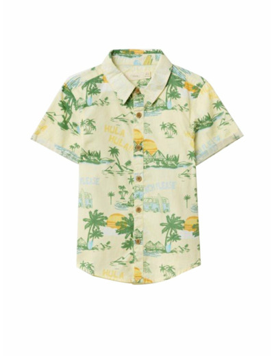 เสื้อเชิ้ตเด็กผู้ชายแขนสั้นพิมพ์ลายคลื่นฮาวาย