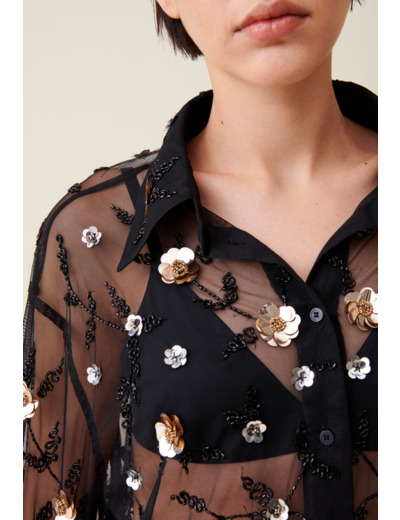 Chemise noire transparente brodée