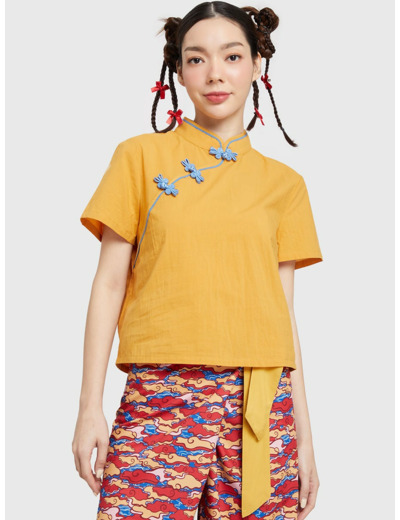 เสื้อเบลาส์ผู้หญิง แขนสั้น คอจีน