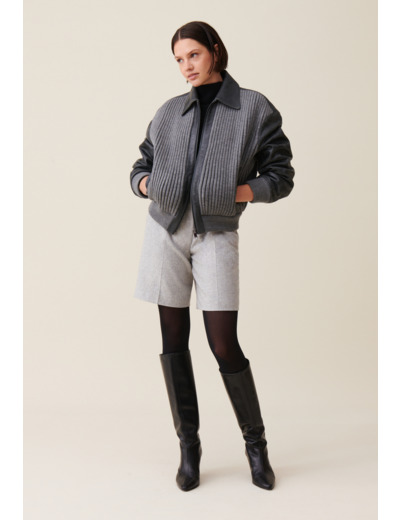 Bomber cuir bi matière gris