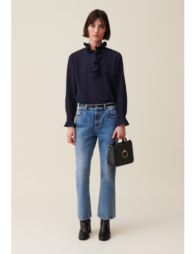 Blouse rayée volants bleu foncé