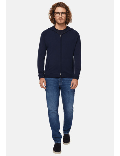 Pull Full Zip À Capuche Bleu Marine En Laine Mérinos